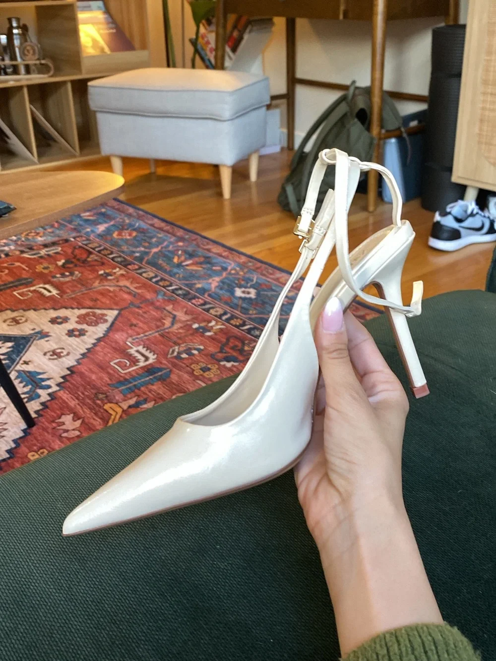 Zara Cream Patent Pointed Toe Slingback Heels